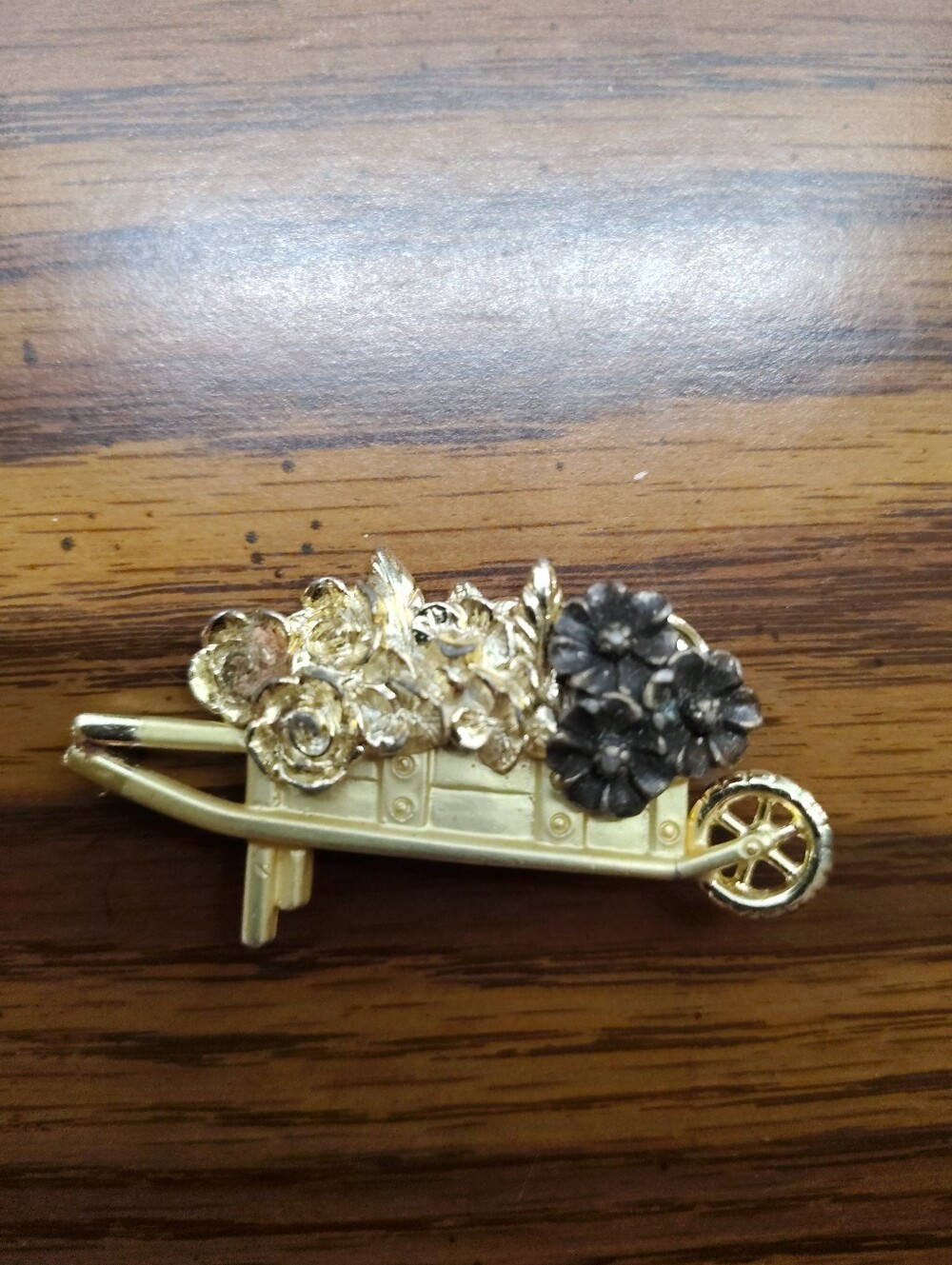 Gold Floral Wheelbarrow Brooch